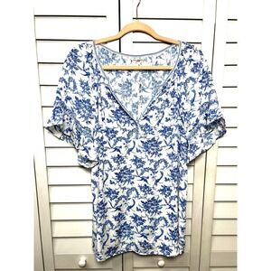 Max Studio Floral Bird Boho Flutter Sleeve Popover Top Women's Size 1X NWT